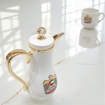 Pilsco UAE Emblem Vacuum Jug Set – Pack of 2 (1.0L + 0.7L) | Elegant Gold Handle Arabic Dallah Style Thermal Flask | Double Wall Insulated Coffee & Tea Jugs - Damoo