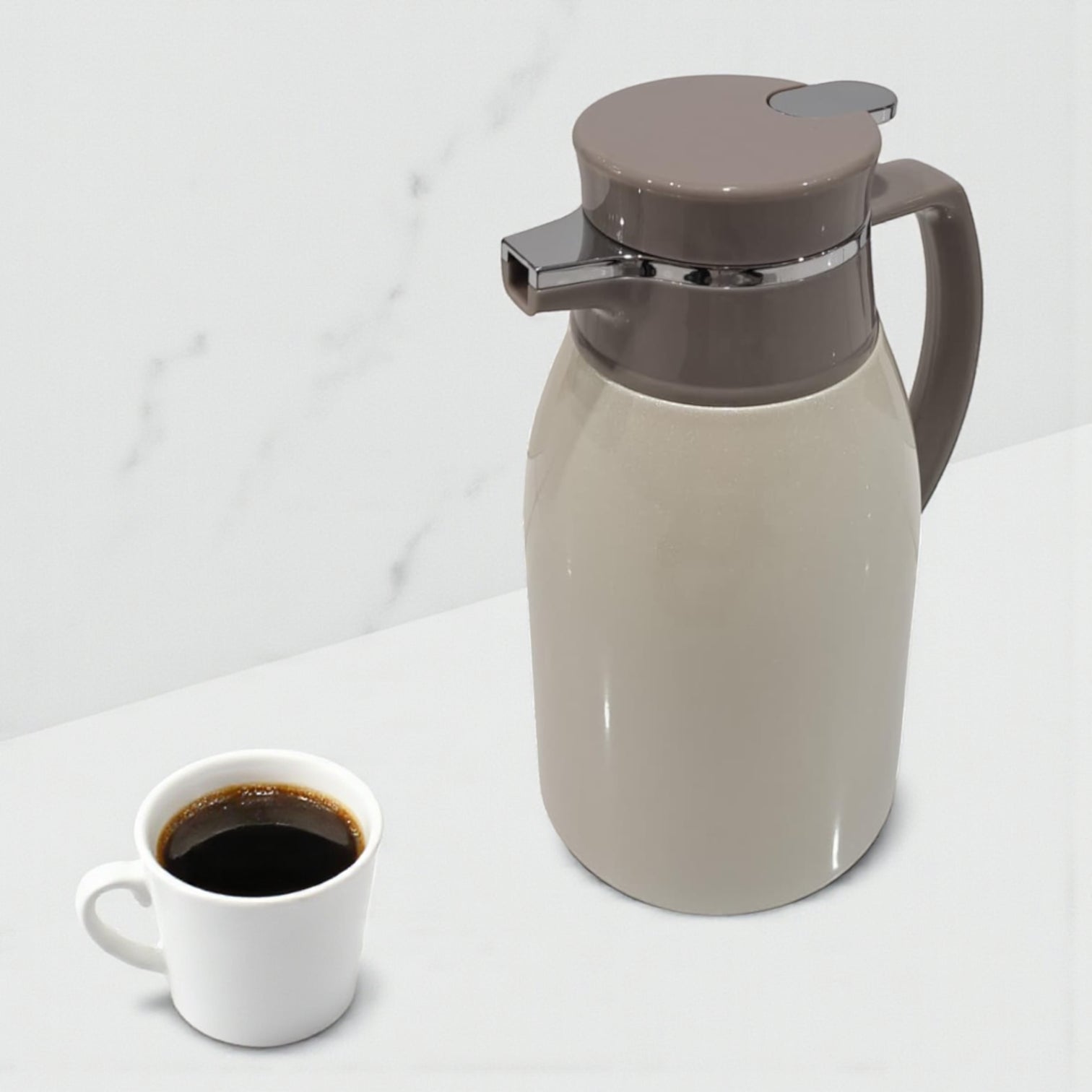 Regal 1.0L Thermal Coffee Carafe – Stainless Steel Double-Wall Vacuum Jug with Glass Refill, Leak-Proof Lid, Long Heat Retention & Elegant Beige Design for Hot and Cold Beverages