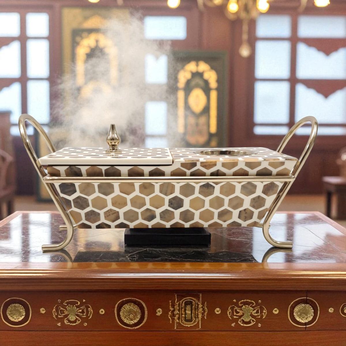 Luxury Hexagonal Mosaic Metal Incense Burner with Lid & Handles – Elegant Decorative Mabkhara for Oud, Bukhoor & Charcoal – Handcrafted Gold & Beige Mosaic Design for Home, Office, Majlis & Ramadan Décor - Damoo