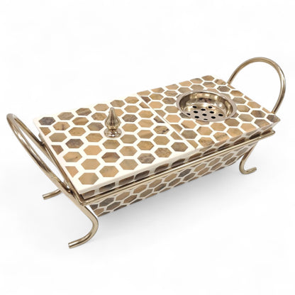 Luxury Hexagonal Mosaic Metal Incense Burner with Lid & Handles – Elegant Decorative Mabkhara for Oud, Bukhoor & Charcoal – Handcrafted Gold & Beige Mosaic Design for Home, Office, Majlis & Ramadan Décor - Damoo