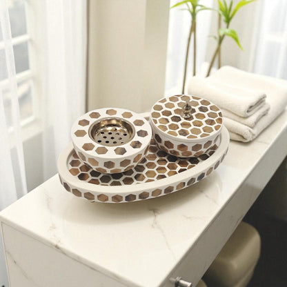 Luxury Hexagonal Mosaic Bukhoor & Mabkhara Set with Lid and Tray – Elegant Polyresin Home Fragrance Holder for Incense and Bakhoor Display - Damoo
