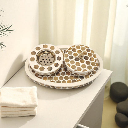 Luxury Hexagonal Mosaic Bukhoor & Mabkhara Set with Lid and Tray – Elegant Polyresin Home Fragrance Holder for Incense and Bakhoor Display - Damoo