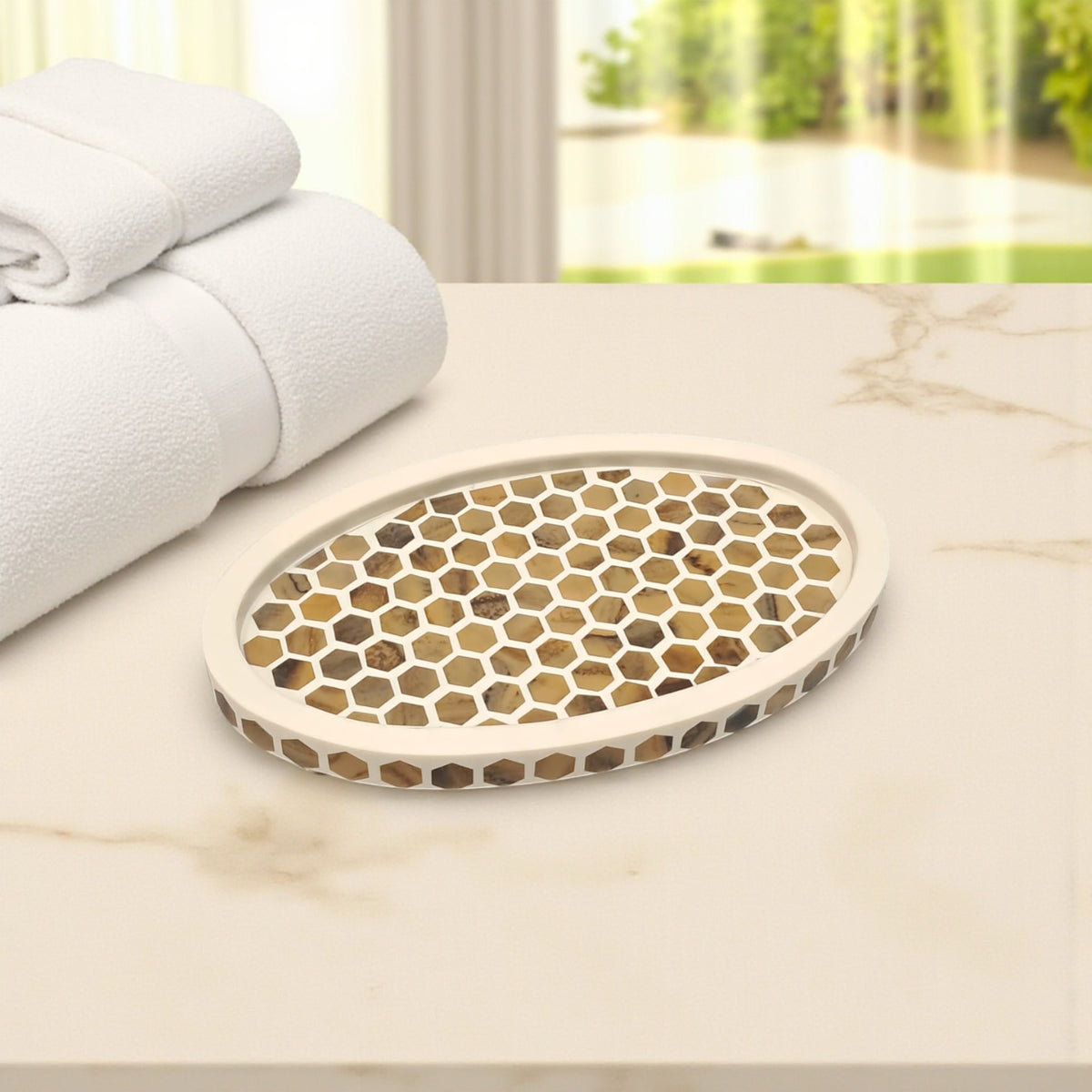 Luxury Hexagonal Mosaic Bukhoor & Mabkhara Set with Lid and Tray – Elegant Polyresin Home Fragrance Holder for Incense and Bakhoor Display - Damoo