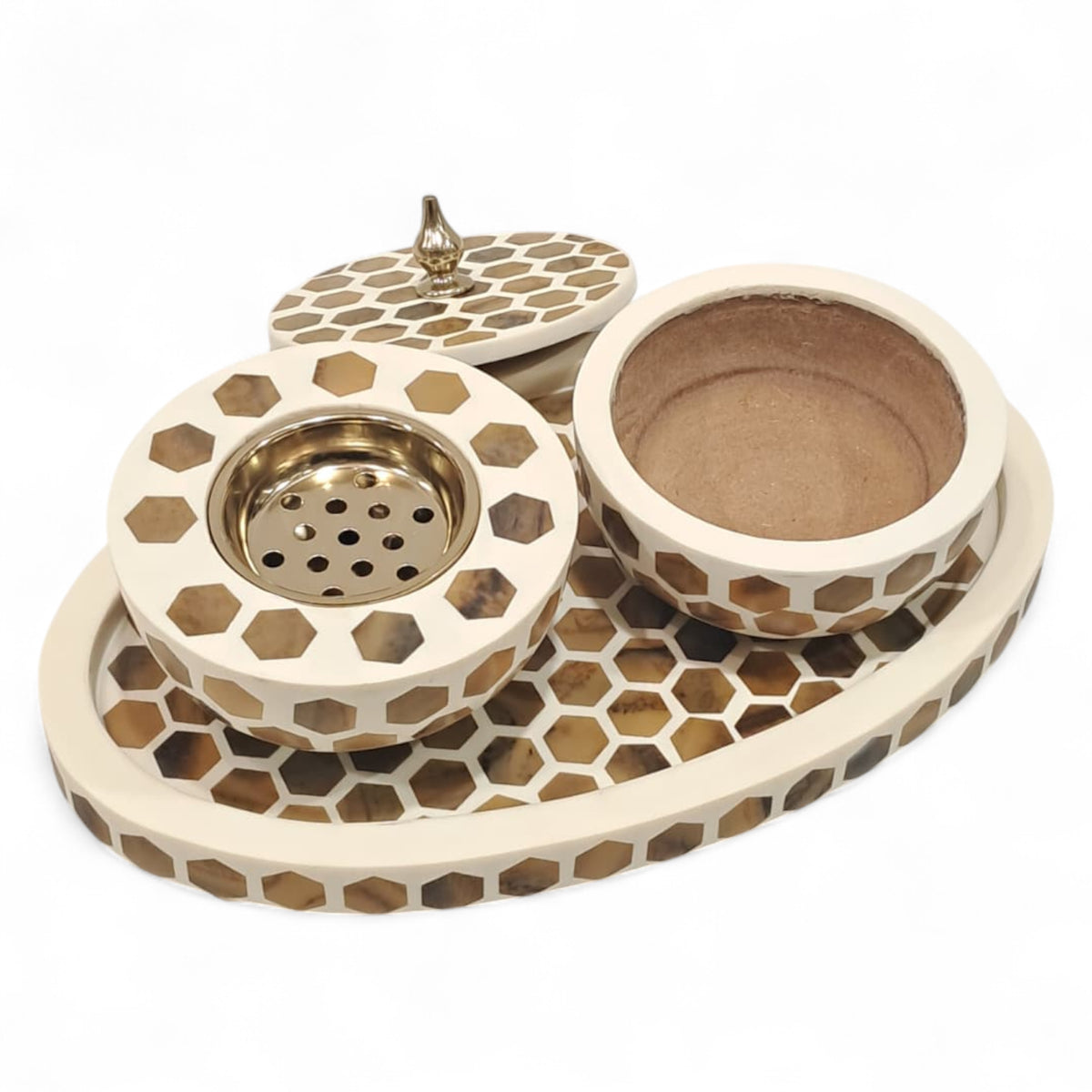 Luxury Hexagonal Mosaic Bukhoor & Mabkhara Set with Lid and Tray – Elegant Polyresin Home Fragrance Holder for Incense and Bakhoor Display - Damoo