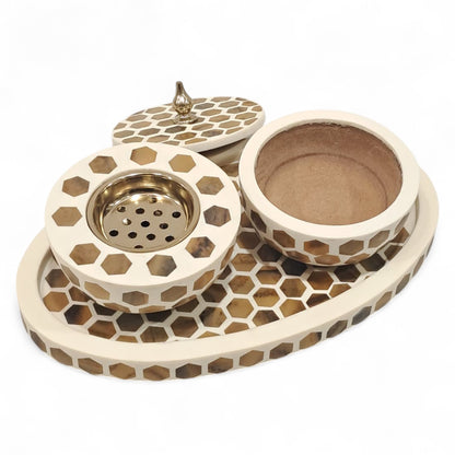 Luxury Hexagonal Mosaic Bukhoor & Mabkhara Set with Lid and Tray – Elegant Polyresin Home Fragrance Holder for Incense and Bakhoor Display - Damoo