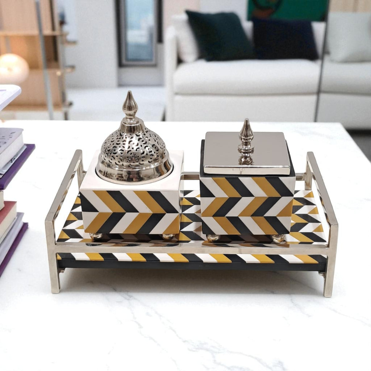 Luxury Geometric Bukhoor & Mabkhara Set with Metal Lid and Tray – Modern Black, White & Gold Resin Incense Burner for Home, Majlis & Gifting - Damoo