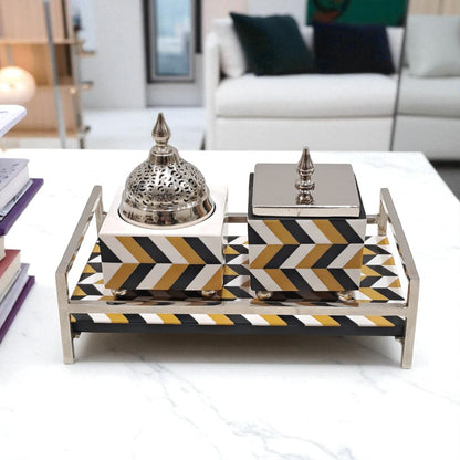 Luxury Geometric Bukhoor & Mabkhara Set with Metal Lid and Tray – Modern Black, White & Gold Resin Incense Burner for Home, Majlis & Gifting - Damoo