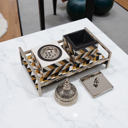 Luxury Geometric Bukhoor & Mabkhara Set with Metal Lid and Tray – Modern Black, White & Gold Resin Incense Burner for Home, Majlis & Gifting - Damoo