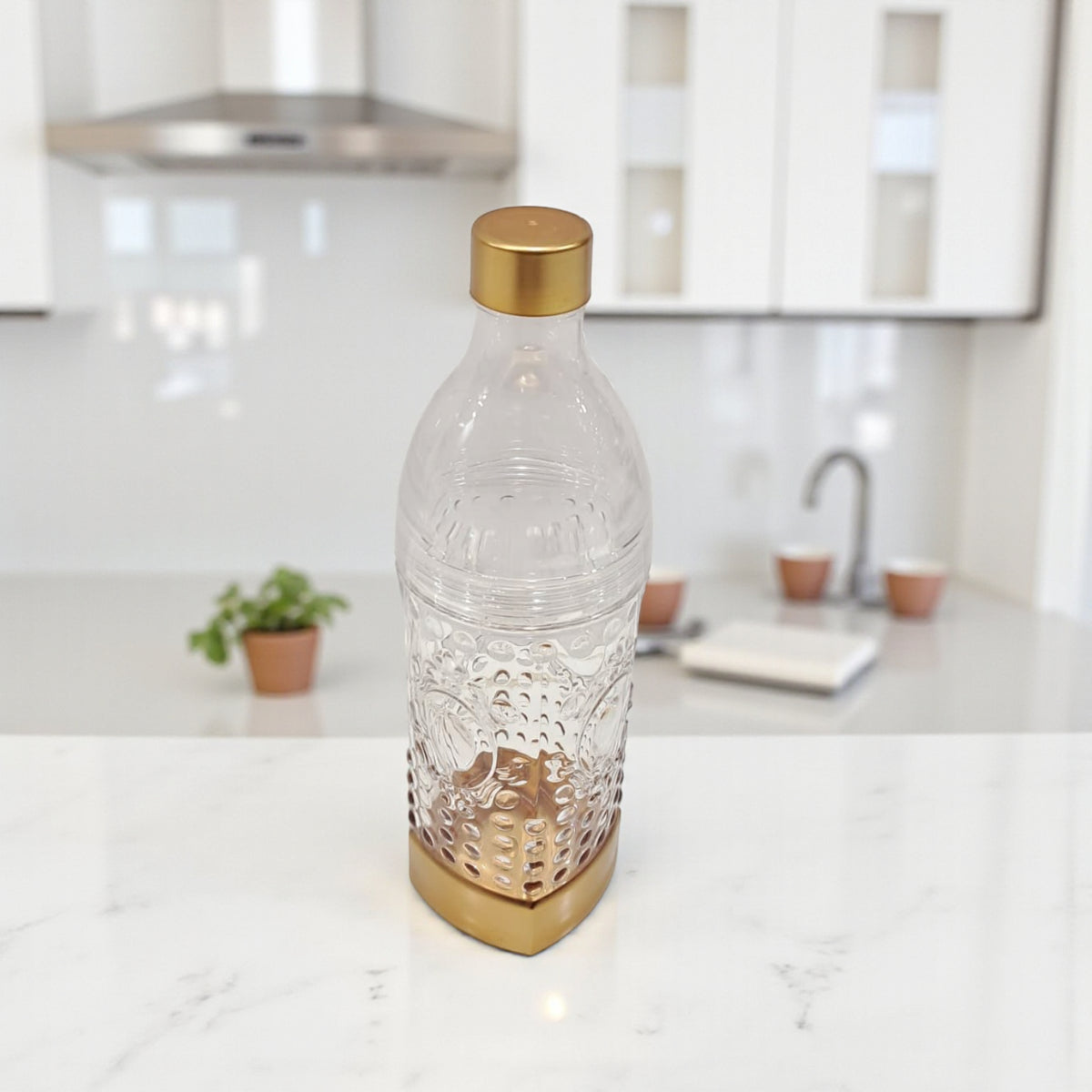 Luxury Clear Plastic Water Bottle with Gold Lid & Base – Reusable Textured Hydration Bottle for Home, Office, Gym & Travel – Elegant BPA-Free Design for Everyday Use - Damoo