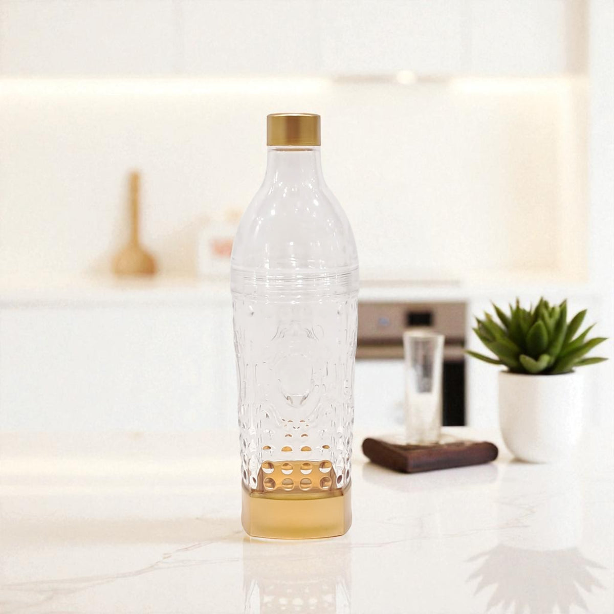 Luxury Clear Plastic Water Bottle with Gold Lid & Base – Reusable Textured Hydration Bottle for Home, Office, Gym & Travel – Elegant BPA-Free Design for Everyday Use - Damoo