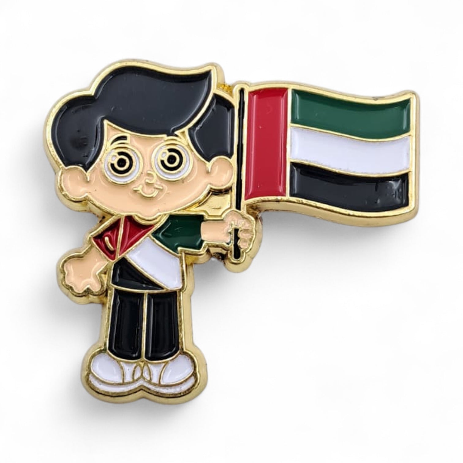 UAE National Day Kids Badge – Adorable Boy Holding Flag Lapel Pin for School Events, Celebrations, and Patriotic Gifts