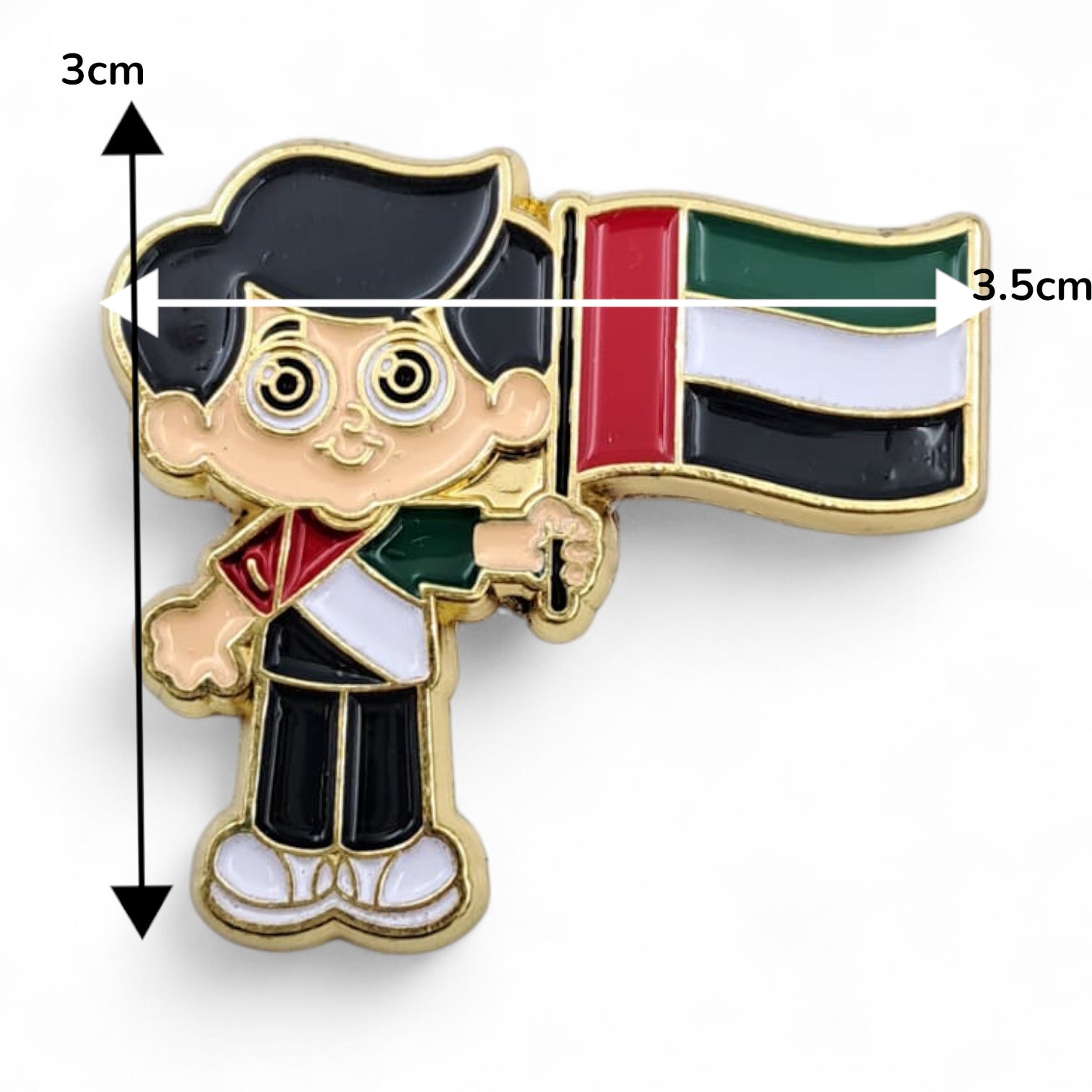 UAE National Day Kids Badge – Adorable Boy Holding Flag Lapel Pin for School Events, Celebrations, and Patriotic Gifts