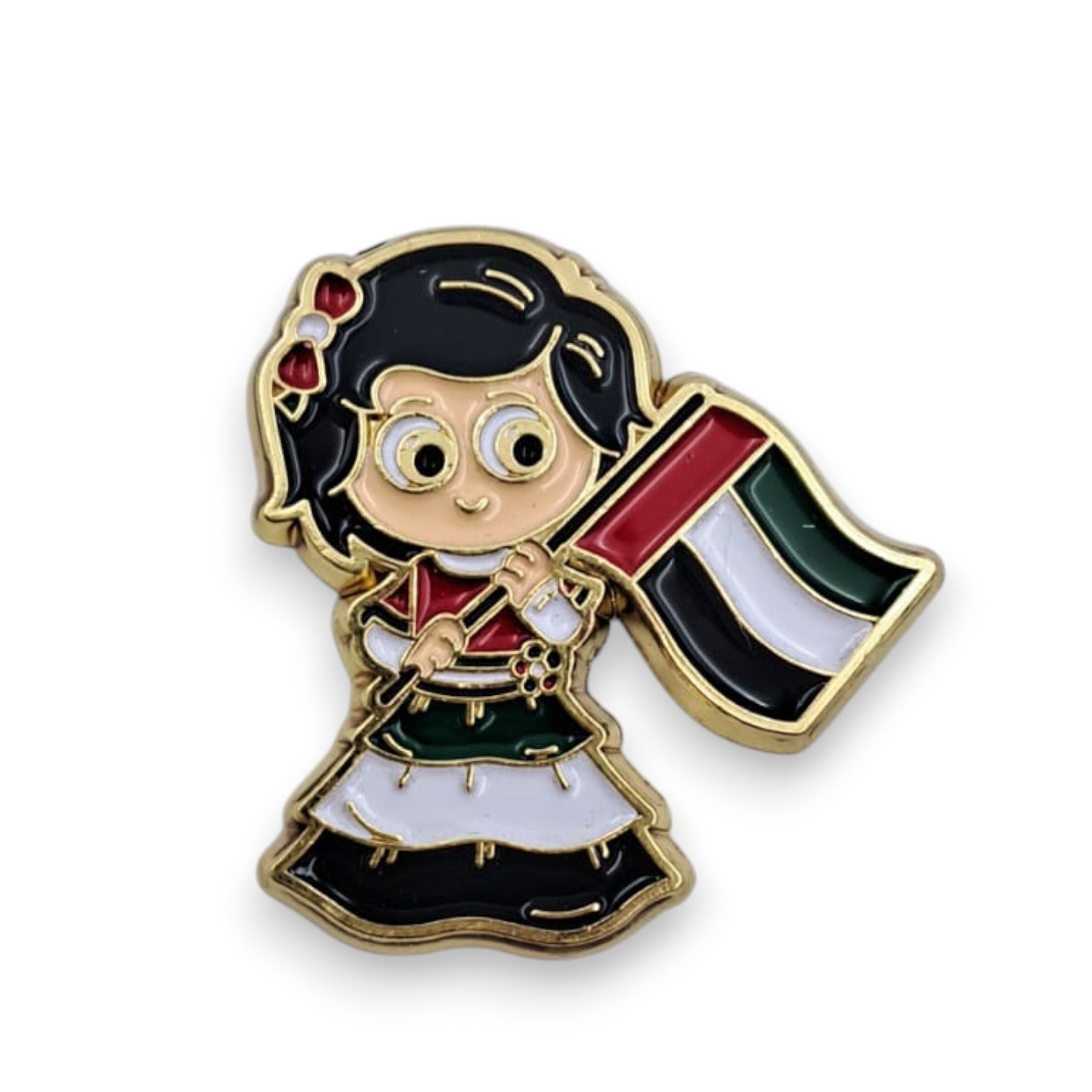 UAE National Day Girl Magnetic Badge – Cute Character Holding UAE Flag | Gold-Plated Lapel Pin for Patriotic Celebrations & Gifts - Damoo