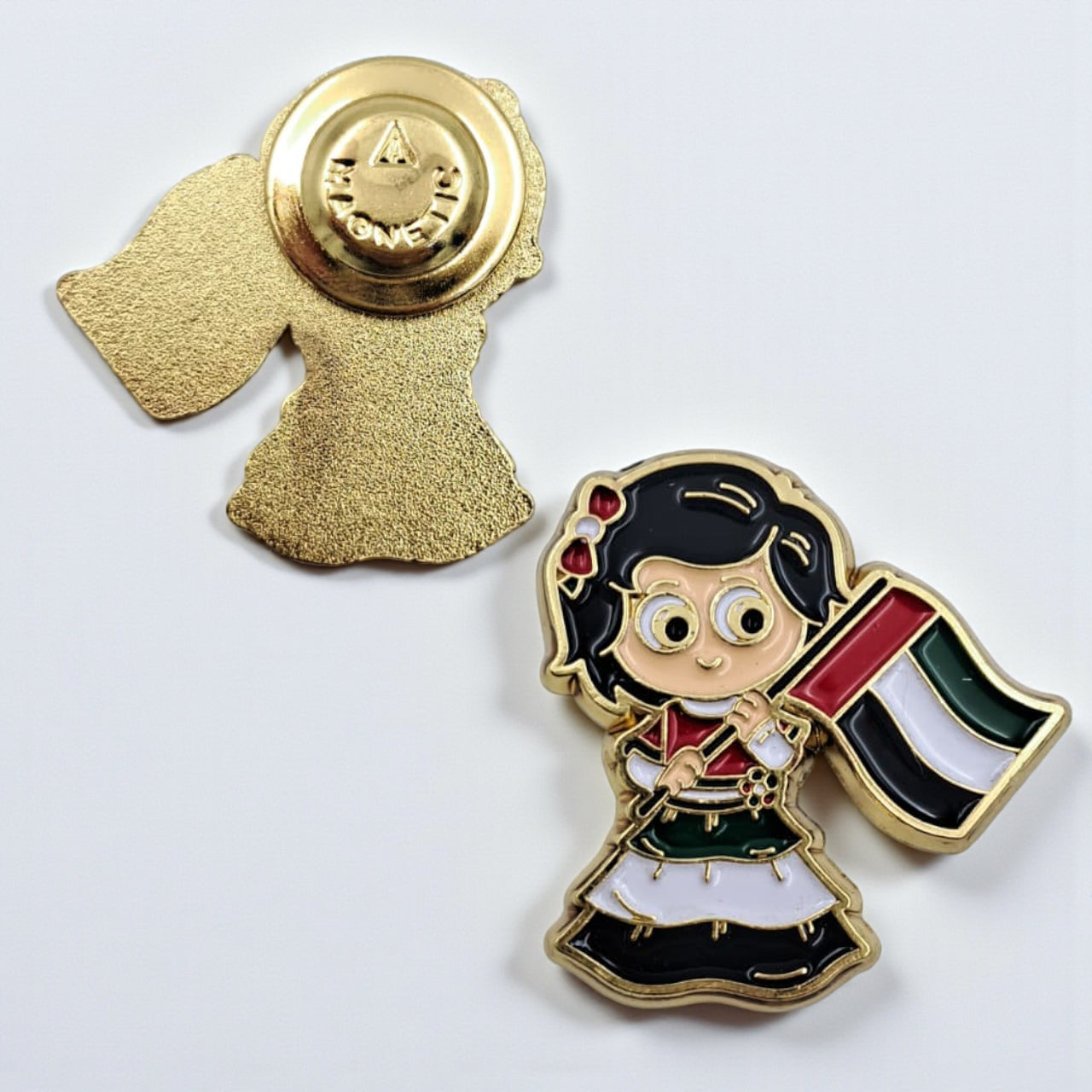 UAE National Day Girl Magnetic Badge – Cute Character Holding UAE Flag | Gold-Plated Lapel Pin for Patriotic Celebrations & Gifts - Damoo