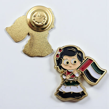 UAE National Day Girl Magnetic Badge – Cute Character Holding UAE Flag | Gold-Plated Lapel Pin for Patriotic Celebrations & Gifts - Damoo