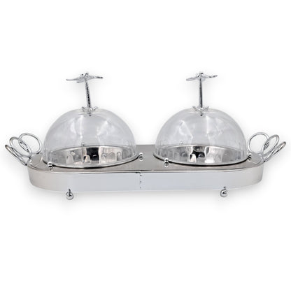 Double Dome Palm Tree Serving Tray – Silver Metal Base with Clear Acrylic Lids | Elegant Dual Dish Server for Desserts, Snacks & Sweets