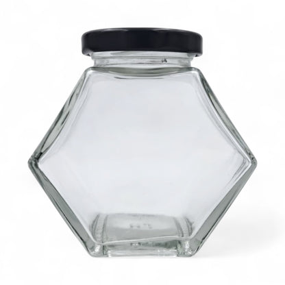 Hexagon Glass Storage Jar with Black Lid – Airtight Honey & Spice Container | Clear Food Jar for Sugar, Coffee, Jams & Kitchen Organization