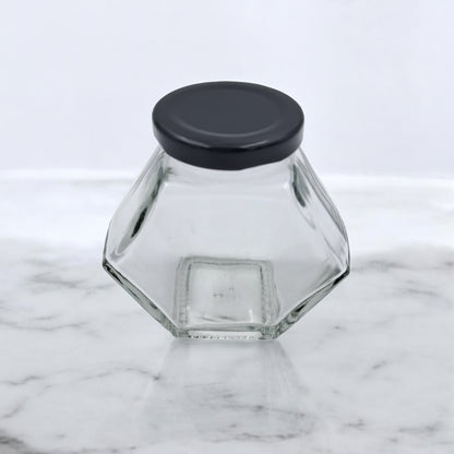 Hexagon Glass Storage Jar with Black Lid – Airtight Honey & Spice Container | Clear Food Jar for Sugar, Coffee, Jams & Kitchen Organization