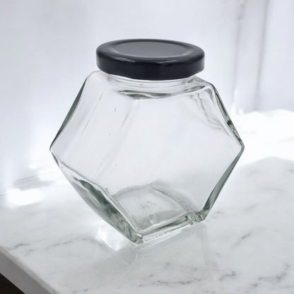 Hexagon Glass Storage Jar with Black Lid – Airtight Honey & Spice Container | Clear Food Jar for Sugar, Coffee, Jams & Kitchen Organization