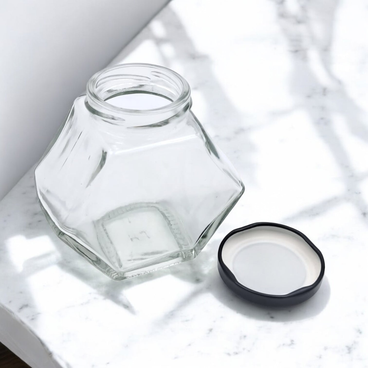 Hexagon Glass Storage Jar with Black Lid – Airtight Honey & Spice Container | Clear Food Jar for Sugar, Coffee, Jams & Kitchen Organization
