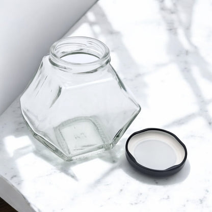 Hexagon Glass Storage Jar with Black Lid – Airtight Honey & Spice Container | Clear Food Jar for Sugar, Coffee, Jams & Kitchen Organization