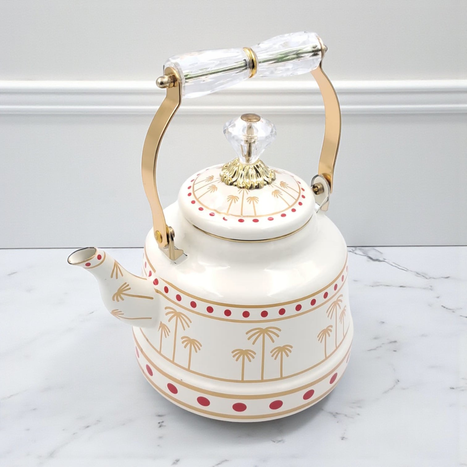 Simba Mkubwa Enamel Tea Kettle – Elegant Palm Tree Design with Crystal Handle | Decorative Water & Coffee Kettle for Stovetop and Home Use