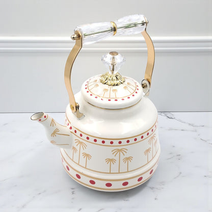 Simba Mkubwa Enamel Tea Kettle – Elegant Palm Tree Design with Crystal Handle | Decorative Water & Coffee Kettle for Stovetop and Home Use