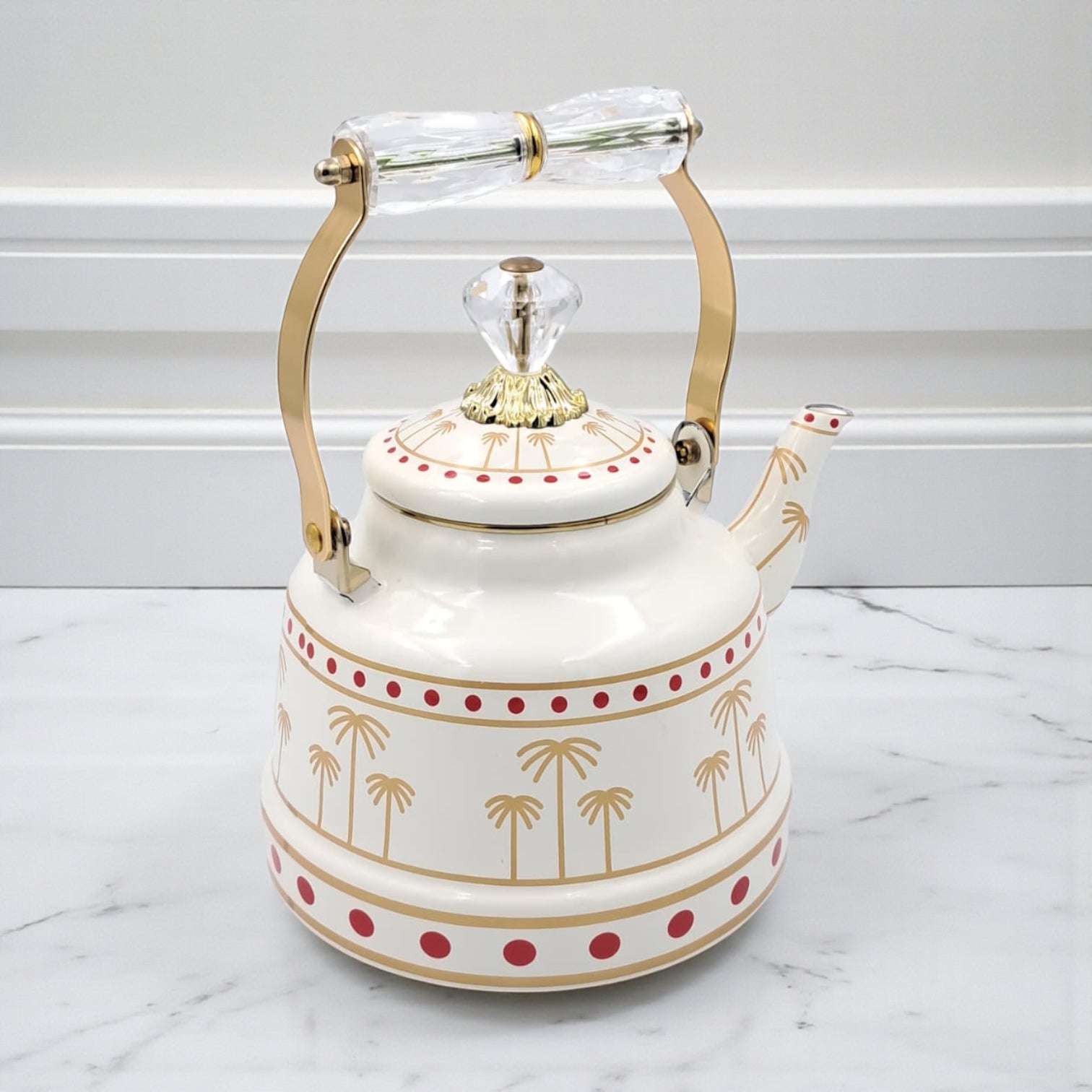 Simba Mkubwa Enamel Tea Kettle – Elegant Palm Tree Design with Crystal Handle | Decorative Water & Coffee Kettle for Stovetop and Home Use