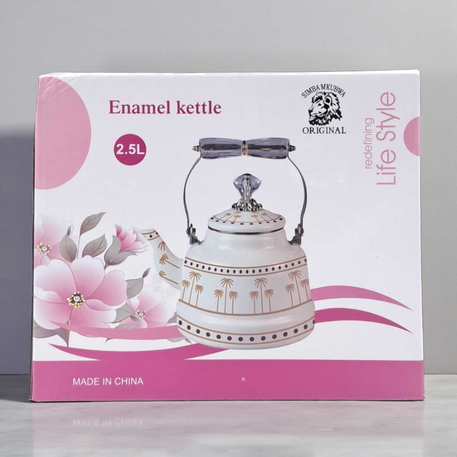 Simba Mkubwa Enamel Tea Kettle – Elegant Palm Tree Design with Crystal Handle | Decorative Water & Coffee Kettle for Stovetop and Home Use
