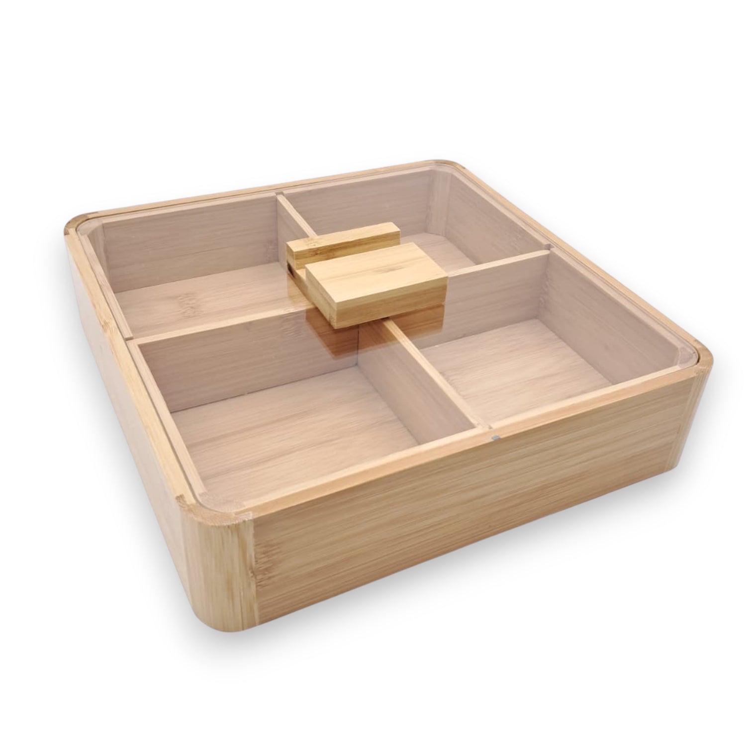 Bamboo Wooden Storage Box with Acrylic Lid | 4-Compartment Organizer for Snacks, Dry Fruits, Tea Bags & Spices | Elegant Square Serving Box with Transparent Cover