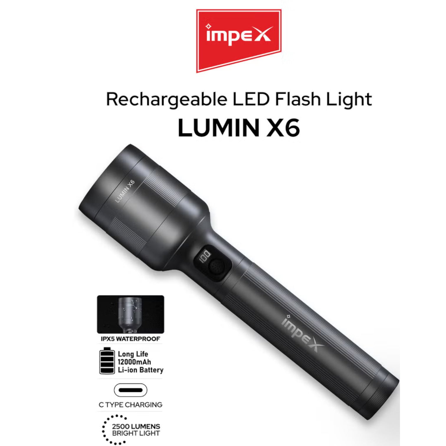 مصباح يدوي LED قابل لإعادة الشحن من إمبكس لومين إكس 6 جديد | ٢٥٠٠ لومن | بطارية ١٢٠٠٠ مللي أمبير/ساعة | شحن سريع من النوع سي | مدى ٧٠٠ متر | ٤ أوضاع إضاءة | مقاوم للماء والصدمات | هيكل من الألومنيوم للطائرات