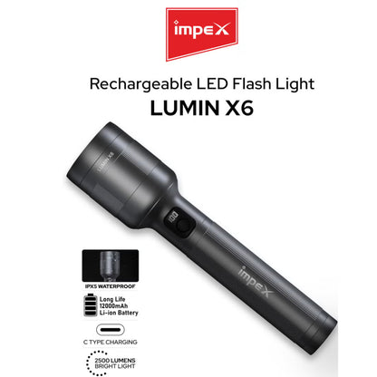 مصباح يدوي LED قابل لإعادة الشحن من إمبكس لومين إكس 6 جديد | ٢٥٠٠ لومن | بطارية ١٢٠٠٠ مللي أمبير/ساعة | شحن سريع من النوع سي | مدى ٧٠٠ متر | ٤ أوضاع إضاءة | مقاوم للماء والصدمات | هيكل من الألومنيوم للطائرات