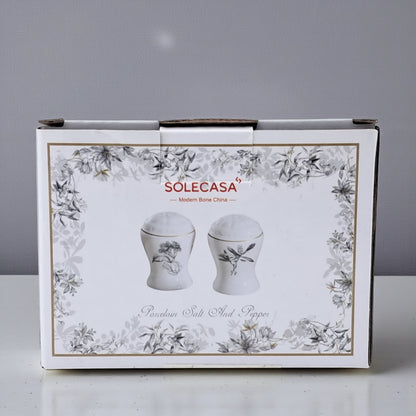 Solecasa Porcelain Salt & Pepper Shaker Set – Elegant Modern Bone China with Floral Design | Decorative Tabletop Seasoning Set