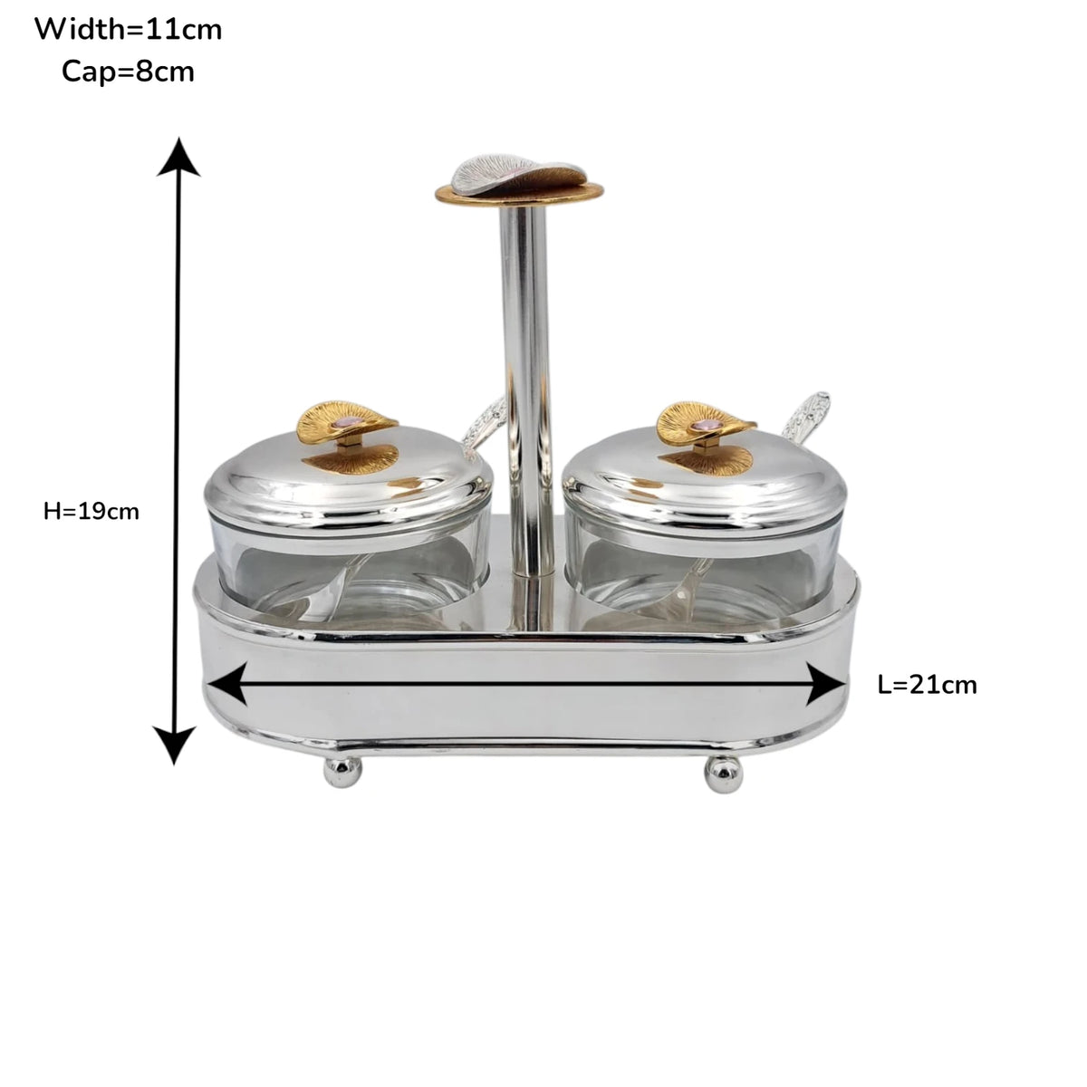 Luxury Double Glass Condiment Jar Set with Silver Metal Stand, Decorative Sugar Bowl Spice Container with Lids & Spoons for Tea Coffee Table Kitchen Storage (19H x 21L x 11W CM) - Damoo