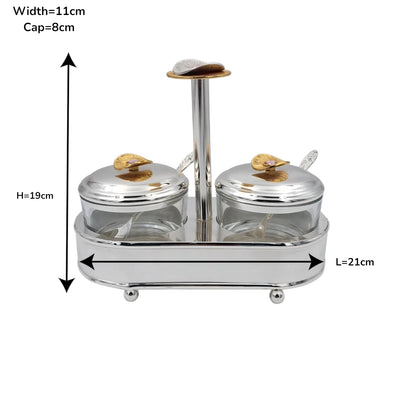 Luxury Double Glass Condiment Jar Set with Silver Metal Stand, Decorative Sugar Bowl Spice Container with Lids & Spoons for Tea Coffee Table Kitchen Storage (19H x 21L x 11W CM) - Damoo