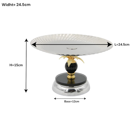 Luxury Metal Serving Tray Stand with Decorative Palm Design & Crystal Accent – Pedestal Dessert & Fruit Display Plate for Table Décor (15H x 24.5L x 24.5W CM) - Damoo
