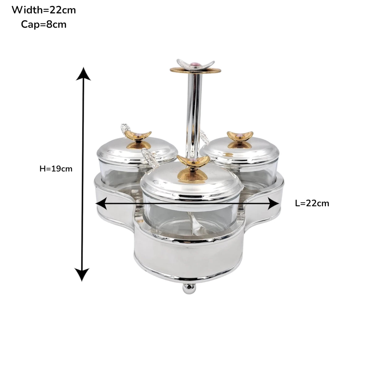 Luxury 3 Jar Condiment Server Set with Stand and Spoons, Glass Spice Storage Containers with Lids, Decorative Sugar Candy Nut Serving Organizer Holder (H(19cm) x W(22cm) x L(22cm) x cap(8cm)) - Damoo