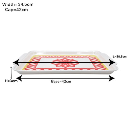 Decorative Rectangular Serving Tray with Elegant Red & Yellow Geometric Design – Durable Kitchen Tray with Convenient Handles for Serving Food & Drinks - Damoo