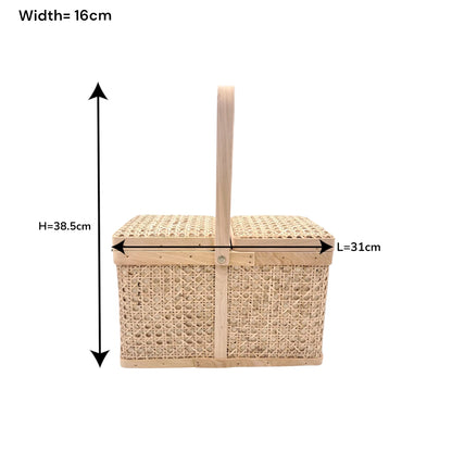 Handwoven Bamboo Picnic Storage Basket with Double Lid & Carry Handle (38.5H x 31L × 16W CM) - Damoo