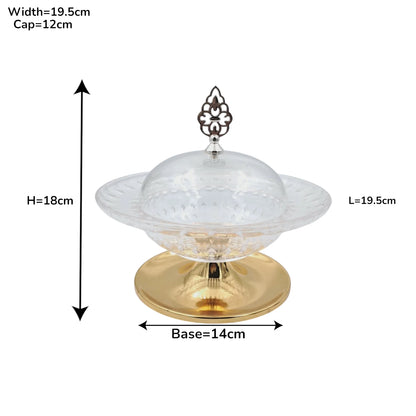 Fursan Elegant Acrylic Serving Bowl with Lid and Gold Base, Decorative Candy & Dessert Dish with Cover, Premium Table Centerpiece (18H x 19.5L × 19.5W CM) - Damoo