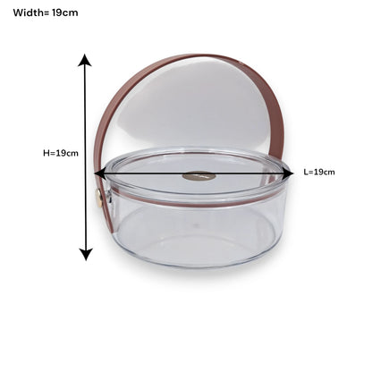 Clear Acrylic Storage Bowl with Lid & Leather Carry Handle – Modern Multipurpose Organizer (19H x 19L x 19W CM) - Damoo