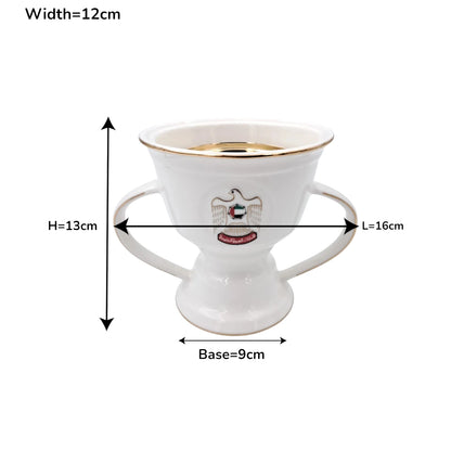 UAE National Emblem Double Handle Serving Cup with Gold Strainer Insert and Decorative Rim (13H x 16L x 12W CM) - Damoo