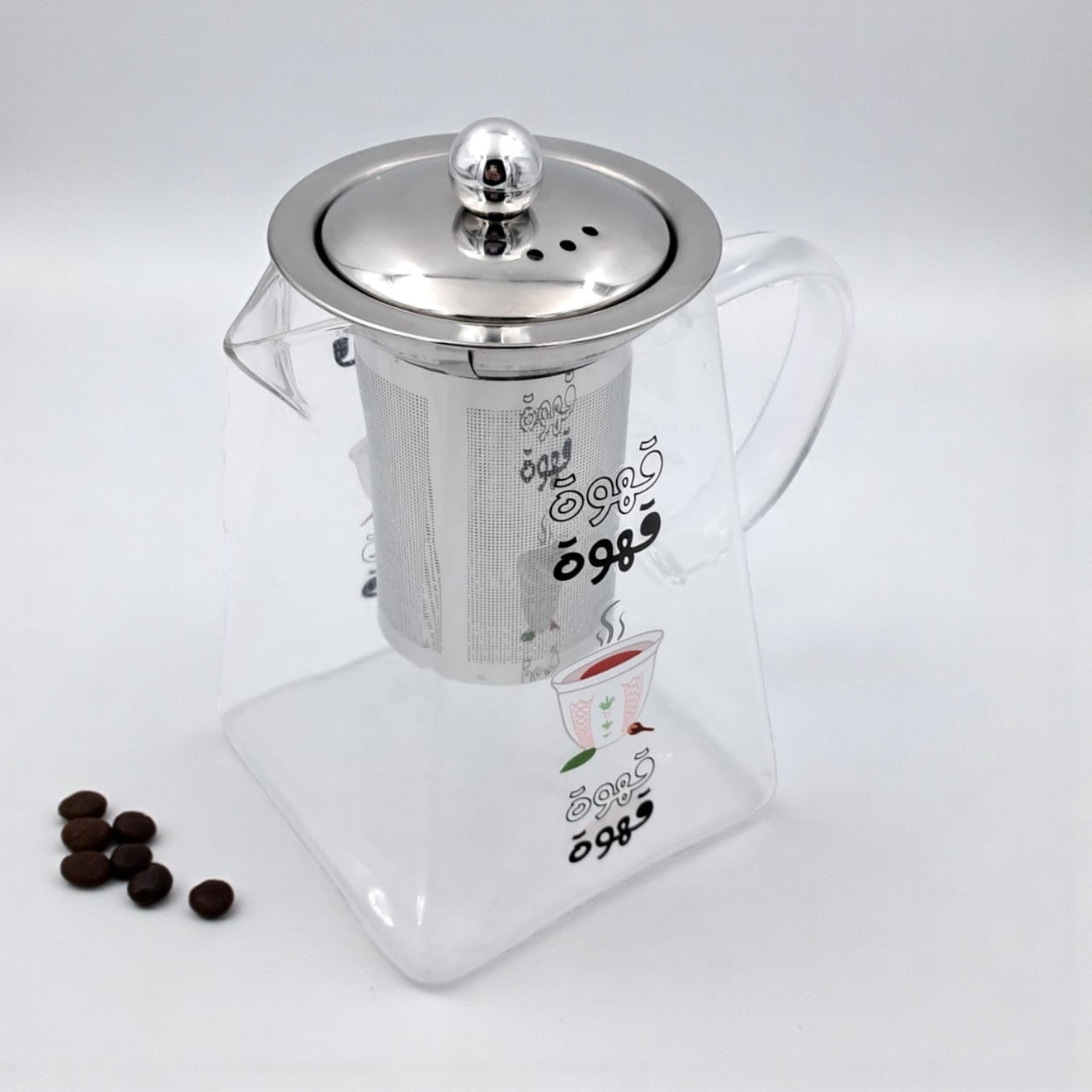 Arabic Coffee Glass Kettle with Stainless Steel Filter – Heat Resistant Borosilicate Pitcher for Tea & Coffee Brewing – Detachable Fine Mesh Infuser – Gas & Electric Safe – Premium Café Serving Pot
