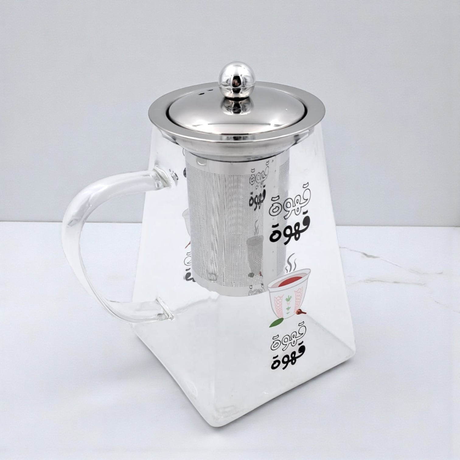 Arabic Coffee Glass Kettle with Stainless Steel Filter – Heat Resistant Borosilicate Pitcher for Tea & Coffee Brewing – Detachable Fine Mesh Infuser – Gas & Electric Safe – Premium Café Serving Pot