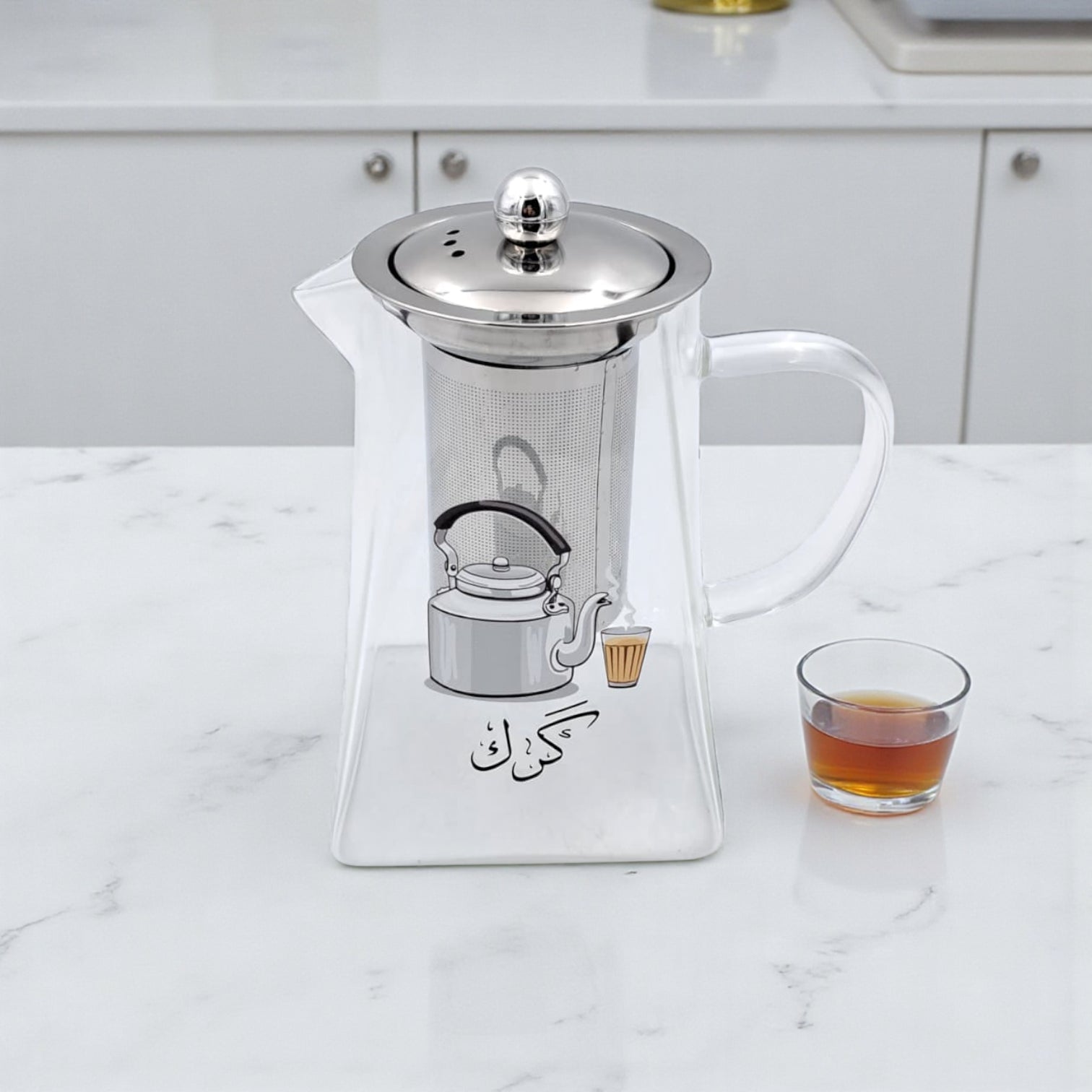 Karak Tea Glass Kettle with Stainless Steel Filter | Heat Resistant Borosilicate Pitcher with Detachable Fine Mesh Infuser | Stovetop Safe | Premium Glass Pot for Chai, Tea & Herbal Drinks