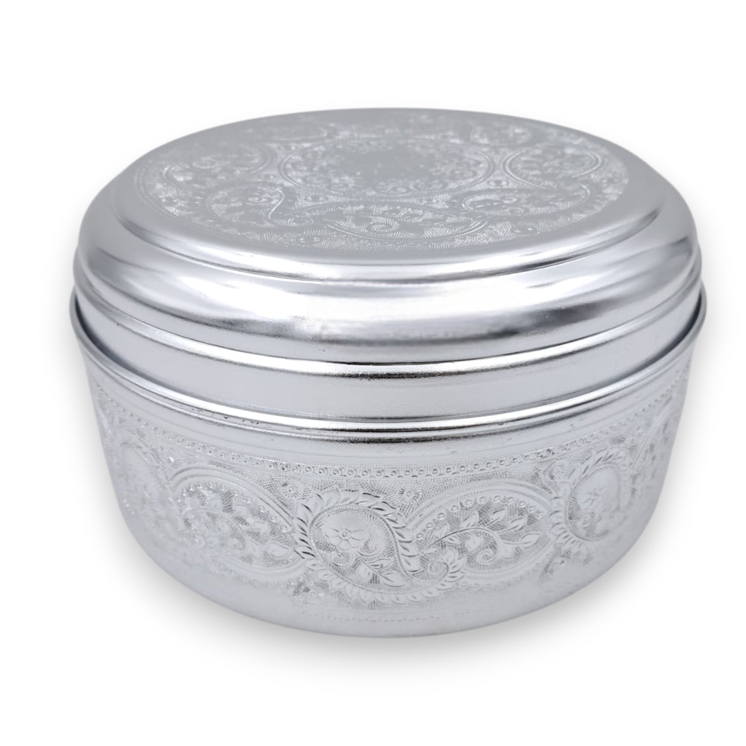 Arabic Embossed Metal Storage Container – Premium Round Box with Lid for Dry Fruits, Dates, Sweets, Spices, Jewelry & Gifting | Decorative Traditional Design | 21cm Large Size