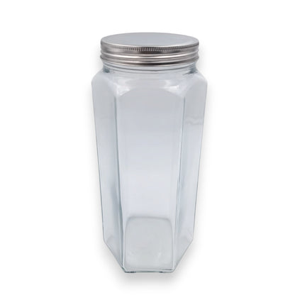 Premium Hexagon Glass Storage Jar with Stainless Steel Lid – Airtight Food Container for Kitchen & Pantry Organization – Clear Square Design - Damoo