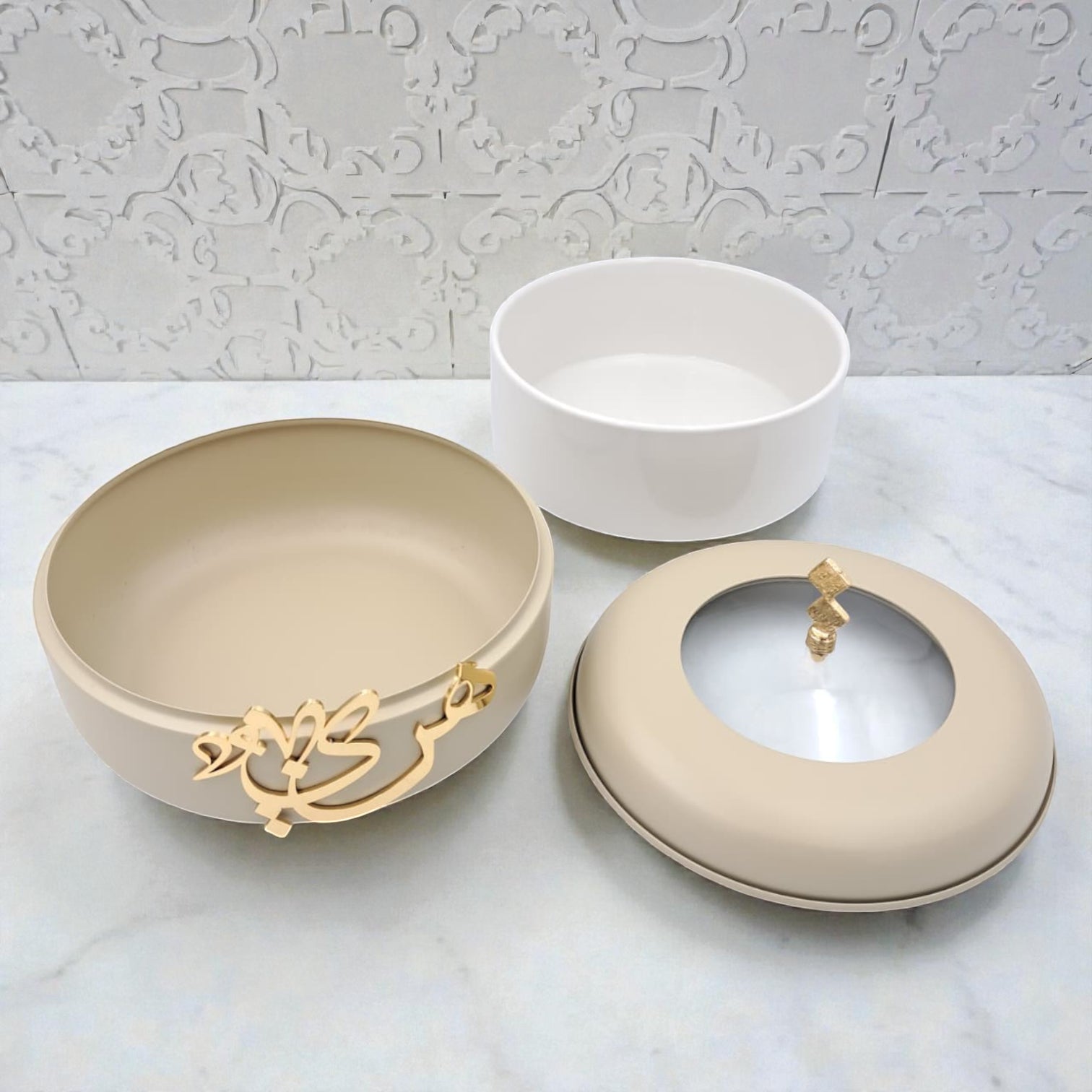 Diwan Premium Collection Elegant Food Warmer with Lid – Luxury Arabic Calligraphy Serving Dish for Hot Meals & Table Presentation - Damoo