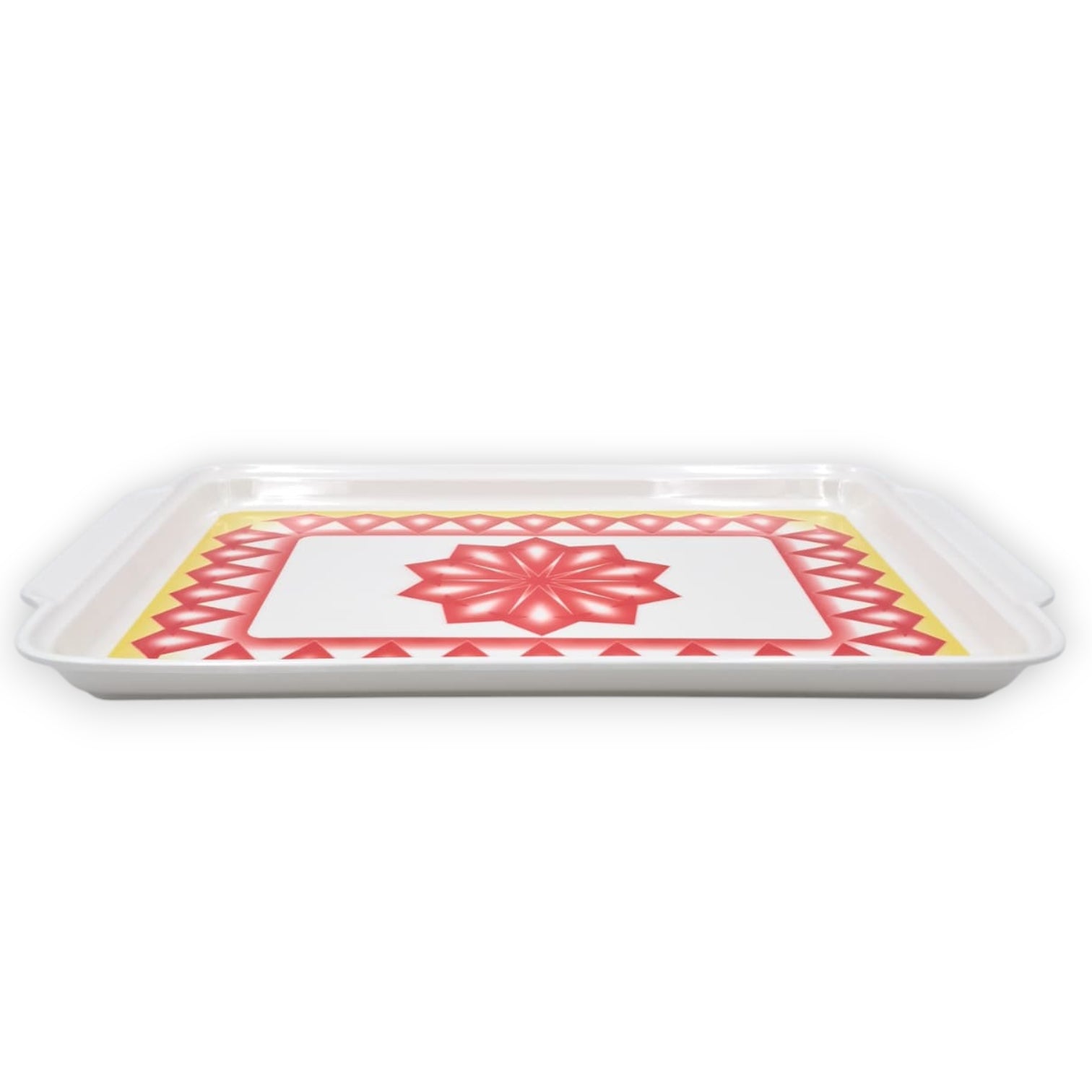 Decorative Rectangular Serving Tray with Elegant Red & Yellow Geometric Design – Durable Kitchen Tray with Convenient Handles for Serving Food & Drinks - Damoo