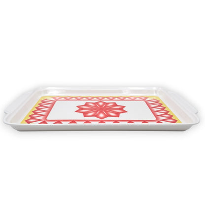 Decorative Rectangular Serving Tray with Elegant Red & Yellow Geometric Design – Durable Kitchen Tray with Convenient Handles for Serving Food & Drinks - Damoo